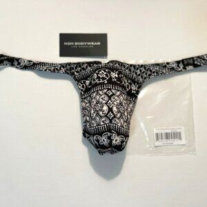 N2N Bodywear Size “L” Provence T-Back Thong- Black/White Batik Design